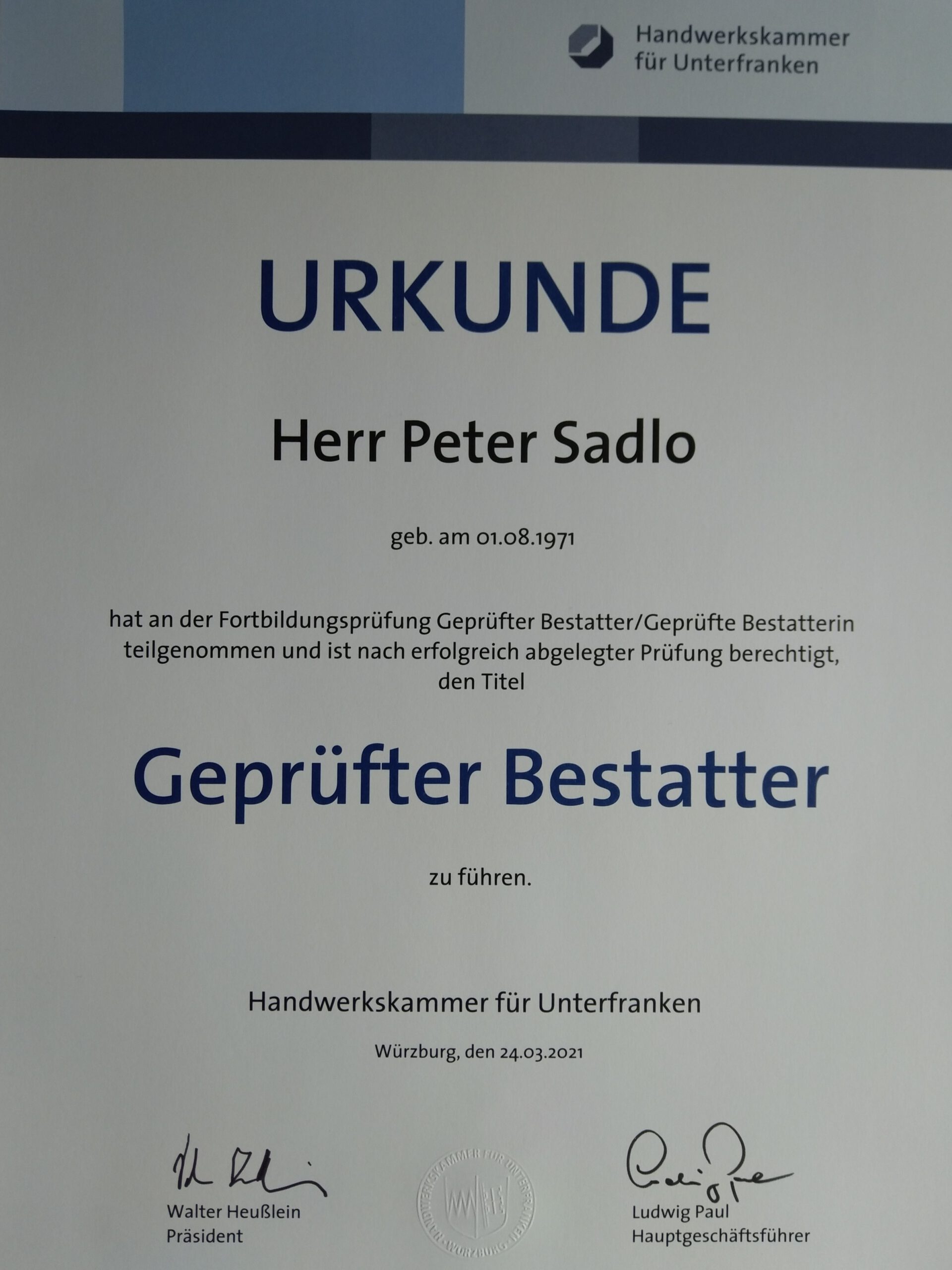 Urkunde geprüfter Bestatter Peter Sadlo
